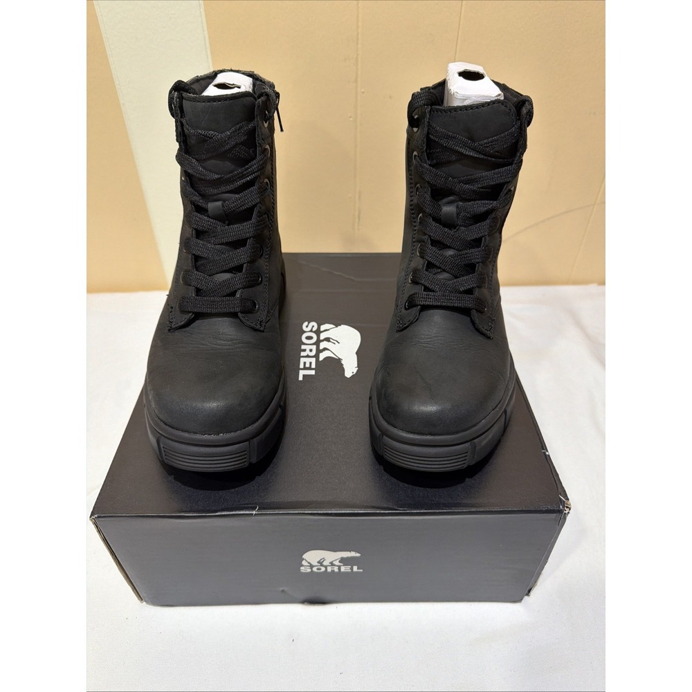 Sorel Explorer STRT Boots Women's Black Leather‎ Lace-Up Round Toe Side Zip - 7